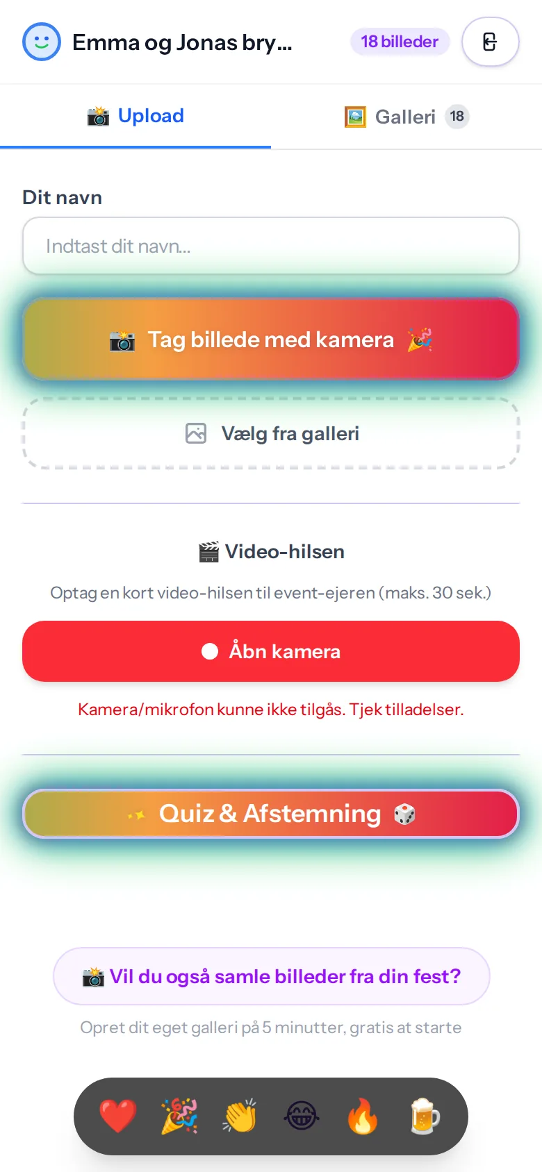 Optagelse af en video-hilsen til værten fra gæstens telefon